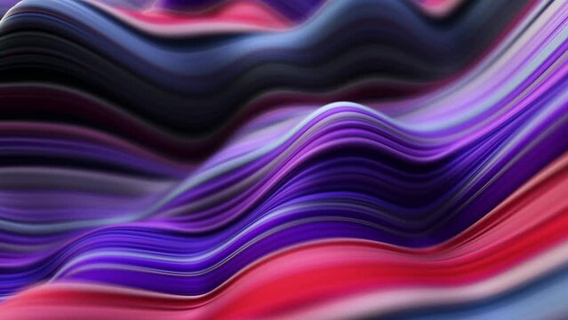 Abstract, fluid, wavy and colorful 3D lines seamless loop animation. Modern and contemporary feel in 4K. Metallic, iridescent and reflective with shades of purple, red, magenta, pink, black