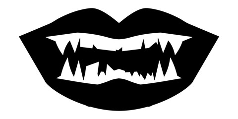 Black vampire lips. Vampire teeth illustration for halloween. Vector isolated on white background. - obrazy, fototapety, plakaty