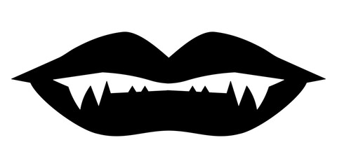 Black vampire lips. Vampire teeth illustration for halloween. Vector isolated on white background.