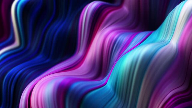 Abstract, fluid, wavy and colorful 3D lines seamless loop animation. Modern and contemporary feel in 4K. Metallic, iridescent and reflective with shades of cyan, magenta, pink, purple, blue