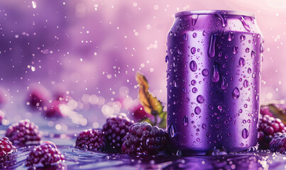 refreshing blackberry soda can with water drops and fruits on a sparkling purple background