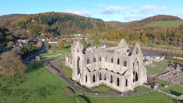 Aerial of Tintern Abbey, Tintern, Wye Valley, Monmouthshire, Wales, United Kingdom