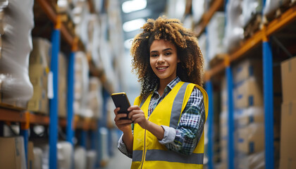 A female warehouse worker in hi viz, standing in a warehouse with shelves filled with boxes doing stock control on a mobile phone - obrazy, fototapety, plakaty