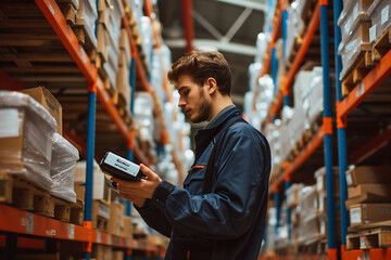 A male warehouse worker standing in aisles of shelves, stacked with boxes, wearing overall uniform. Checking stock using a scanner. - obrazy, fototapety, plakaty
