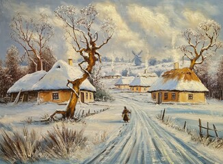 Oil paintings rural landscape, old willage, winter in the old willage, old house in the woods. Fine art, artwork - 741087409