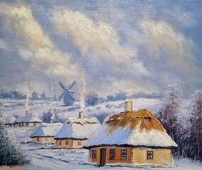 Oil paintings rural landscape, old willage, winter in the old willage, old house in the woods. Fine art, artwork - 741087418