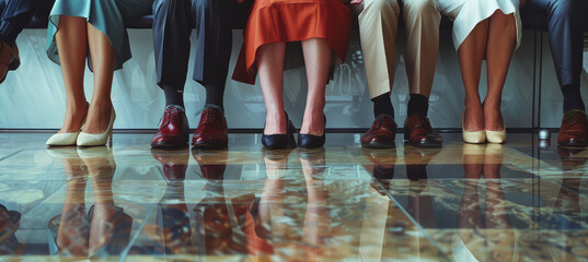 Close up of business peoples legs waiting for a job interview. Hiring and recruitment concept - obrazy, fototapety, plakaty