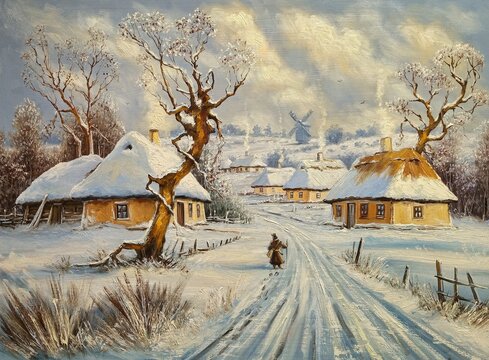 Oil paintings rural landscape, old willage, winter in the old willage, old house in the woods. Fine art, artwork