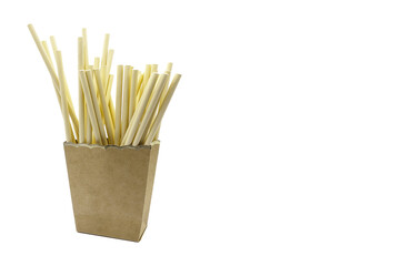 Nature paper drinking straw in paper box isolated on white background.  png image. Disposable straws
