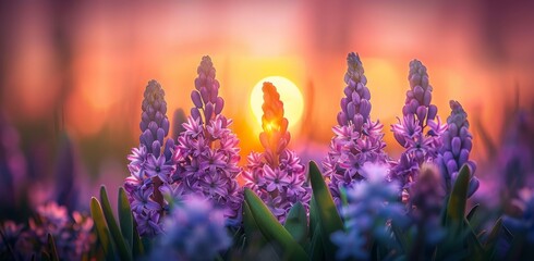 the macro photography photo of hyacinths at sunset Generative AI - obrazy, fototapety, plakaty