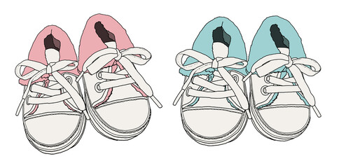 Line drawing of baby shoes in pink and blue on a white background