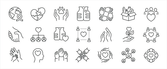 Volunteer minimal thin line icons. Related charity, awareness, donate. Editable stroke. Vector illustration.
