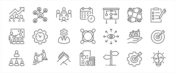 Management minimal thin line icons. Related teamwork, employemnt, planning, monitoring. Editable stroke. Vector illustration. - obrazy, fototapety, plakaty