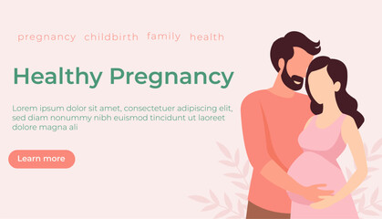 Banner about pregnancy, preparation for childbirth, partner childbirth. feeding and motherhood. A couple of parents. Vector illustration.