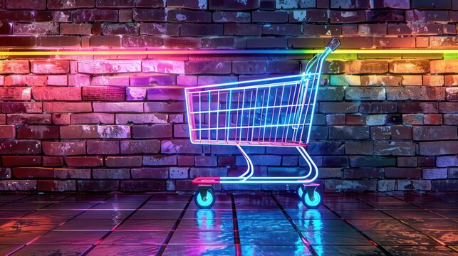 Shopping trolley in trendy neon light. Concept art. Minimalism