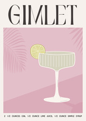 Gimlet Classic Cocktail garnish with lime slice. Classic alcoholic beverage recipe wall art print. Summer aperitif poster in muted color. Minimalist alcoholic drink placard. Vector flat illustration.