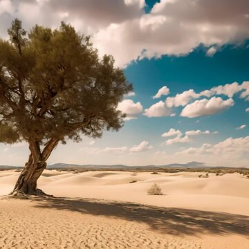 Desert landscape with one tree, time-laps cloud video , minimal landscape 