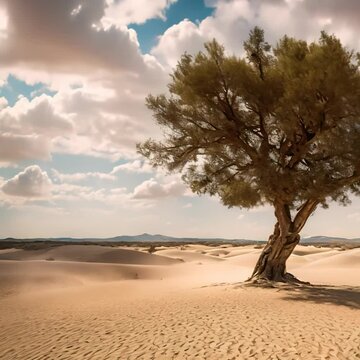 Desert landscape with one tree, time-laps cloud video , minimal landscape 