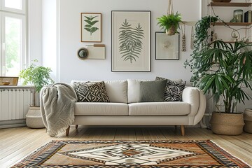 high-resolution, high quality 8k image of Modern Scandinavian home interior design characterized by an elegant living room featuring a comfortable sofa, 