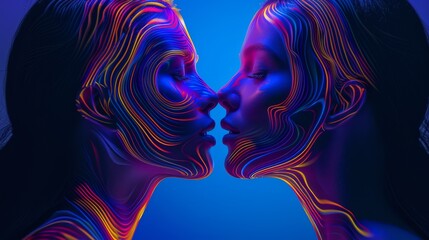 Futuristic AI female robotic couple in neon colors. Intimate 3D rendered human heads on a gradient backdrop. Virtual reality glowing light woman head models looking at each other.