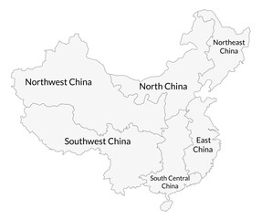 China map. Map of China in eight main regions