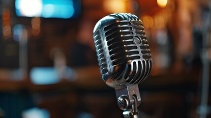 microphone on a bar stage with bokeh lights in the background in high resolution