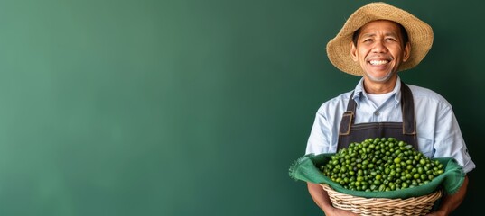 Senior brazilian man harvesting coffee beans in basket with copy space for text placement