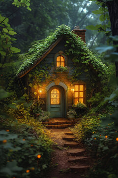 a tiny green house in the forest