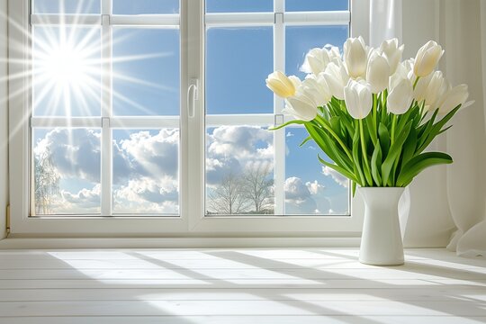 White tulip flowers on a home interior background near window. Sunny spring. Side view of beautiful bouquet. Valentines day, Mothers day, Womens day, birthday gift. Text place. Greeting card. Decor.