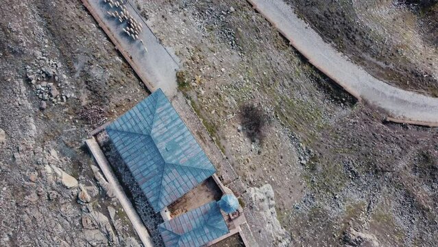 Historical village mosque and flock of sheep. The drone is zooming down from the roof.
