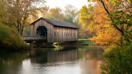 Historic Covered Bridge, typical American town, scenic beauty, gentle river, timeless charm