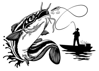 Fisherman Catching Big Catfish in Black and White Style