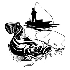 Fisherman Catching the Big Catfish in Black and White Style