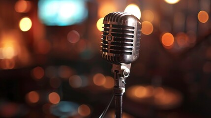 real microphone in a bar with bokeh lights
