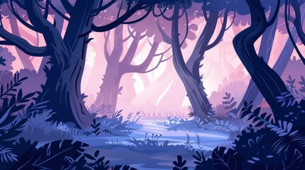 illustration of an enchanted forest at night with big trees