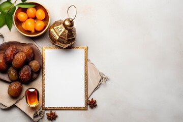 Ramadan Kareem mockup. Bronze plate with dates fruit, olive branches, glowing Moroccan lantern and blank greeting card on white marble table. Flat lay, top view. wider copy space - generative ai