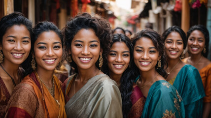 a group of beautiful ethnic Indian women wearing saris and smiling happily outdoors during a party