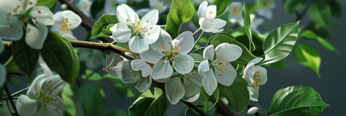 white flowers and leaves on a branch, generative AI