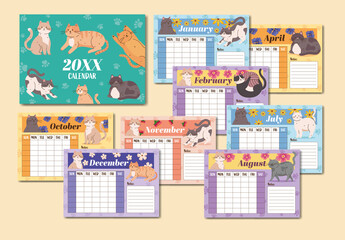 Beige and Pastel Cute Cats Calendar Set Adorable Illustrated Design