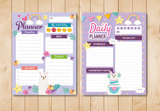 Pastel Rainbow Cute Llama Daily Schedule Planner Template