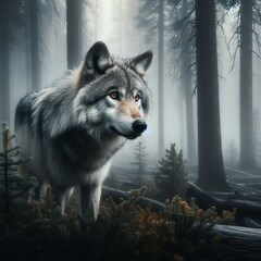 wolf in foggy forest