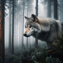 wolf in foggy forest