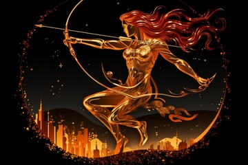 Vivid sagittarius zodiac sign gleaming in red on black background, vector illustration