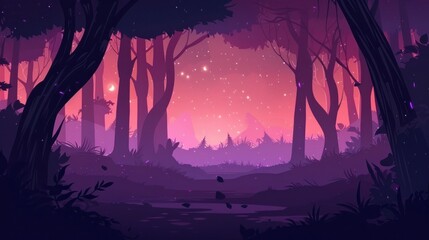 ILLUSTRATION OF a dark enchanted forest at night with bluish trees - obrazy, fototapety, plakaty