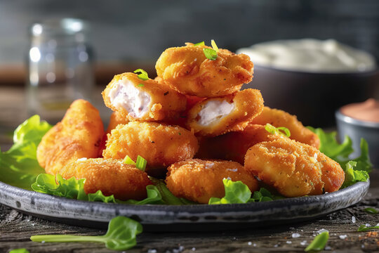 A Close-up View Of A Plate Piled High With An Assortment Of Crispy Fried Foods. The Plate Is Overflowing With Golden-brown Fried Chicken Wings, Onion Rings, Mozzarella Sticks, And French Fries. 