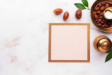 Ramadan Kareem mockup. Bronze plate with dates fruit, olive branches, glowing Moroccan lantern and blank greeting card on white marble table. Flat lay, top view. wider copy space - generative ai