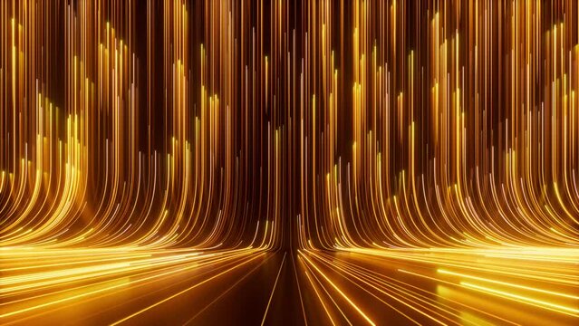 cycled 3d animation. Abstract neon background, golden yellow glowing vertical lines slide up, fill the screen and disappear. Laser rays, speed of light. Seamless loop motion