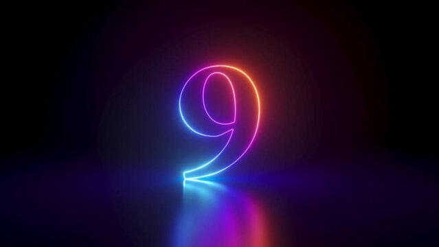 3d animation. Virtual animated countdown. Neon linear numbers from 10 to 1 slide back and disappear in the dark