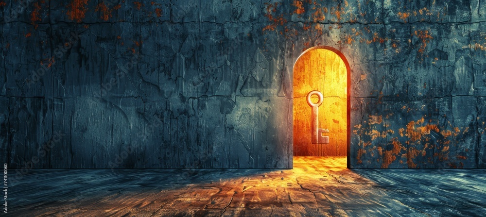 Poster mysterious keyhole with light shining through on dark background, copy space for text