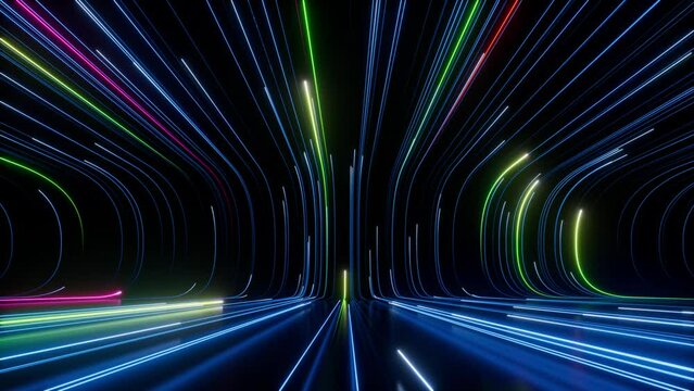 cycled 3d animation. Abstract background with colorful glowing neon lines sliding up endlessly. Seamless animated wallpaper